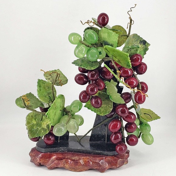 Vintage Bonsai Grape Clusters Vine tree glass Quartz Jade Wood base Heavy - Picture 1 of 4